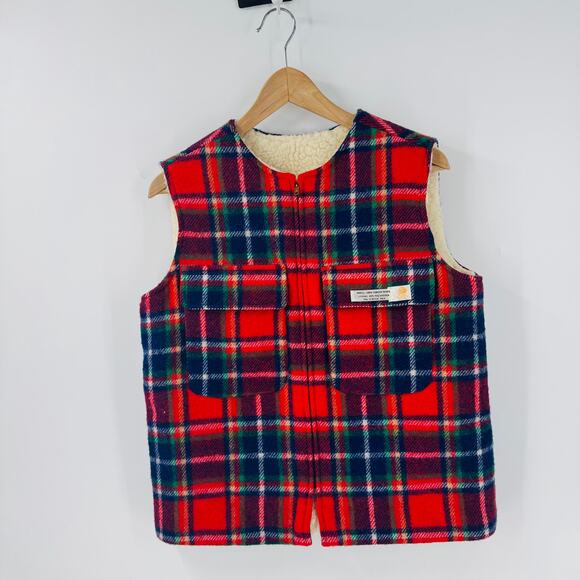 Vintage Wool Plaid Reversible Vest Red Tartan Sherpa Lined Outdoor (Fits S/M) - Picture 12 of 12